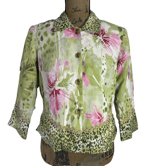City Girl Jacket SMALL P Button Silk Green Pink Hibiscus Sequin Animal Print - Picture 1 of 7